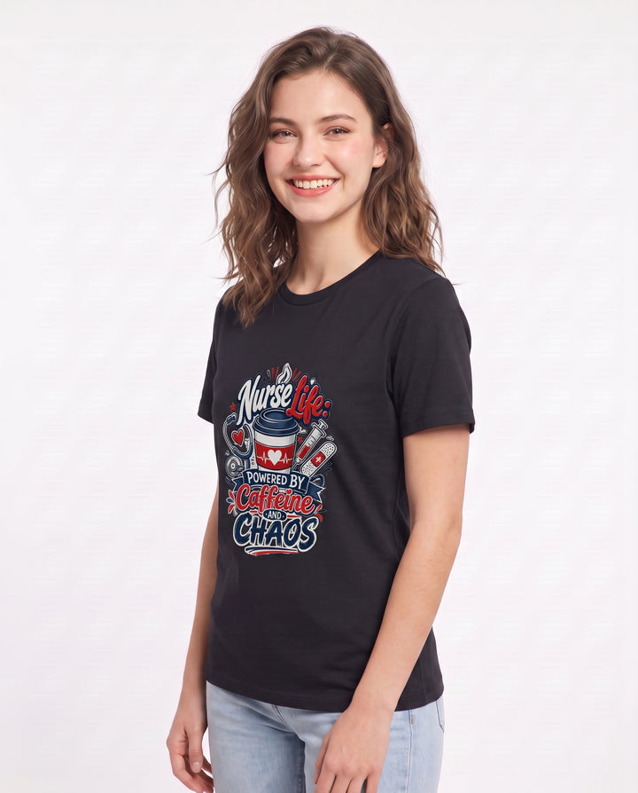 Nurse Life: Powered by Caffeine and Chaos Women's Black T-Shirt product image 3