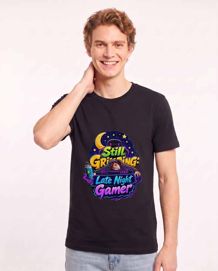Still Grinding: Late Night Gamer Men's Black T-Shirt product image 1