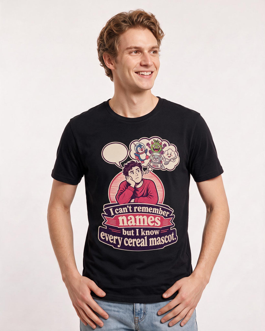 Funny Meme Men's Black T-Shirt – I can't remember names but I know every cereal mascot. product image 3