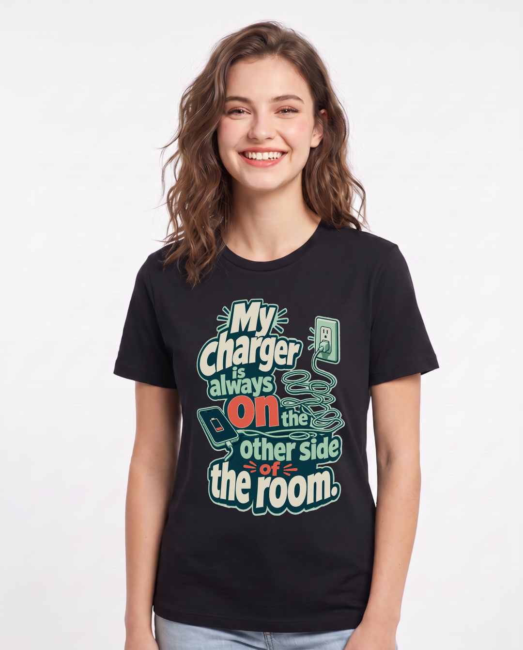 Funny Meme Women's Black T-Shirt – My charger is always on the other side product image 1