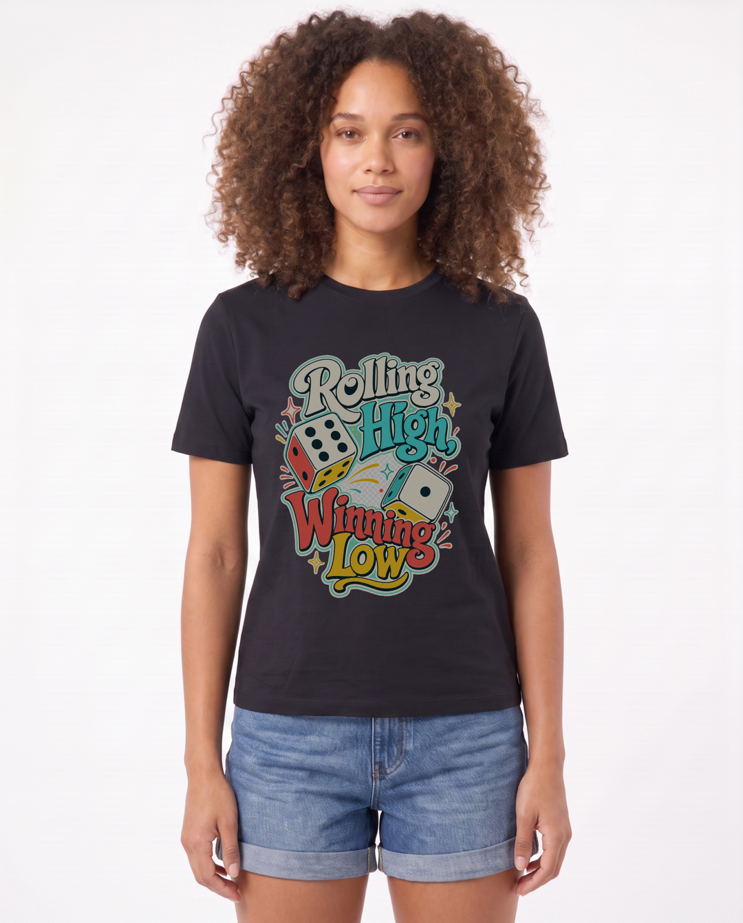 Rolling High, Winning Low Black T-Shirt mockup 1
