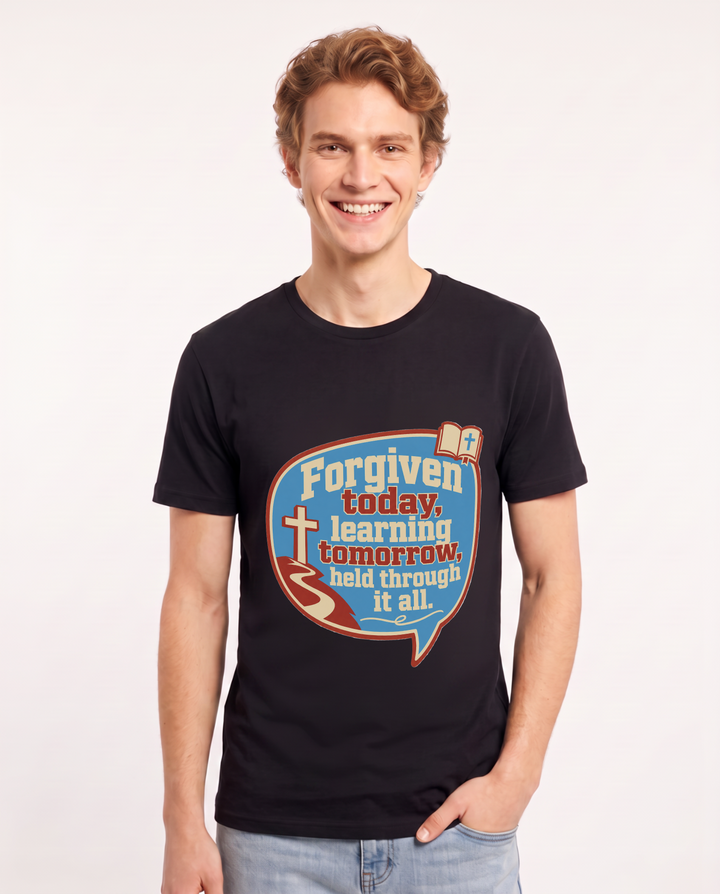 Graphic Men's Black T-Shirt - Forgiven today, learning tomorrow, held product image 1
