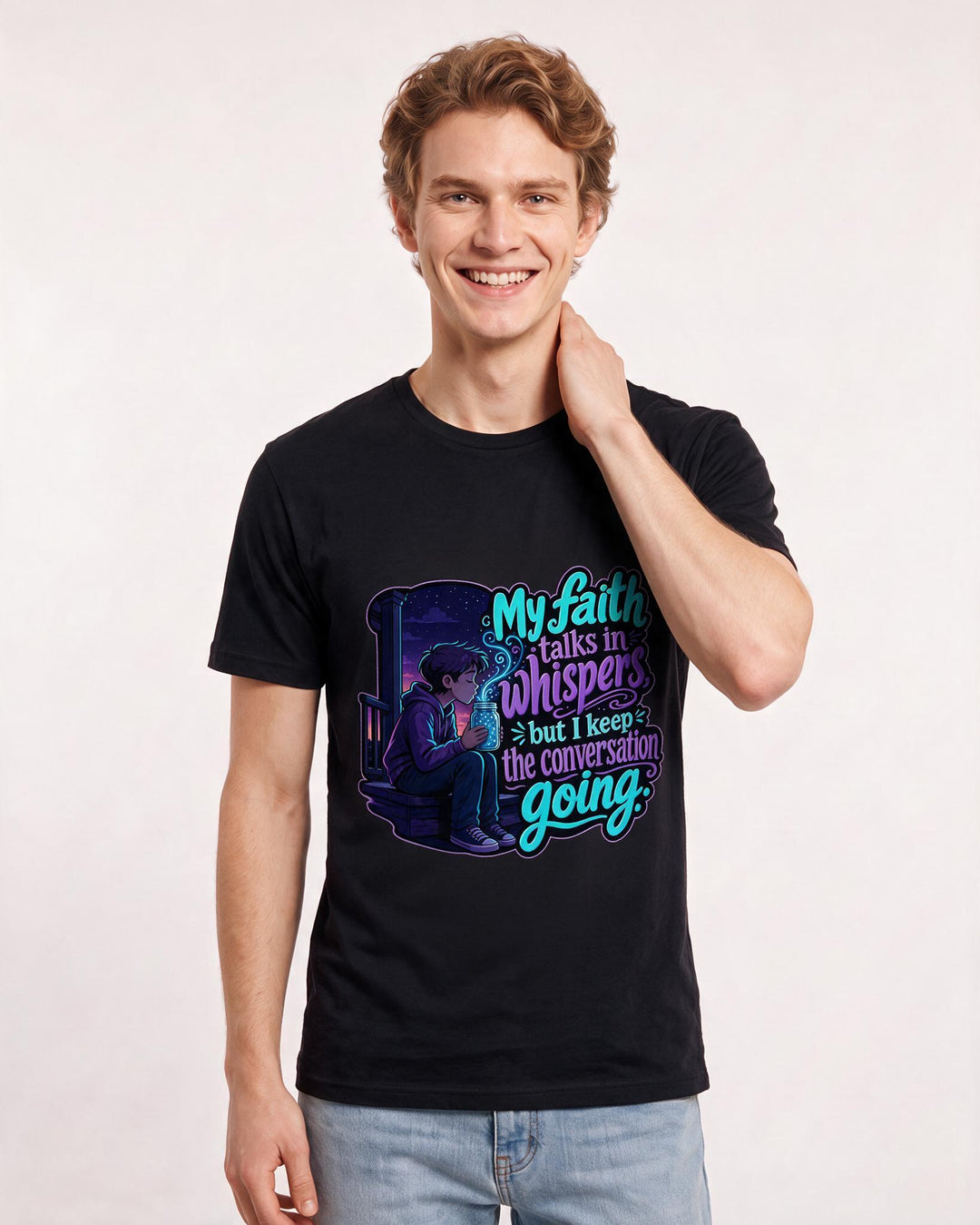 Christian Faith Men's Black T-Shirt – "My faith talks in whispers, but I keep the conversation going." product image 3