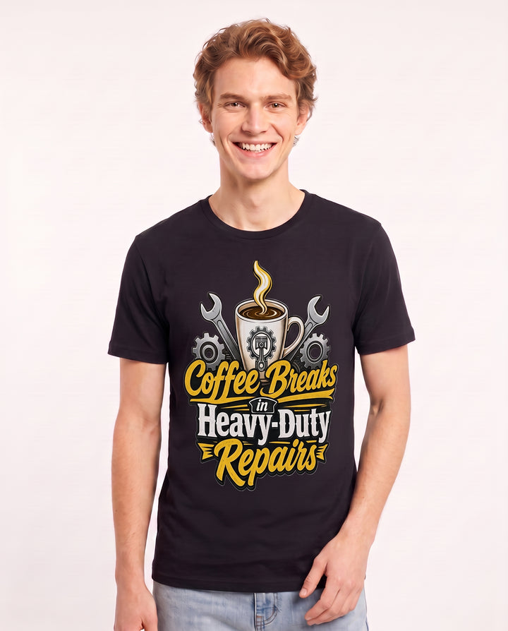 Coffee Breaks in Heavy-Duty Repairs Men's Black T-Shirt product image 1