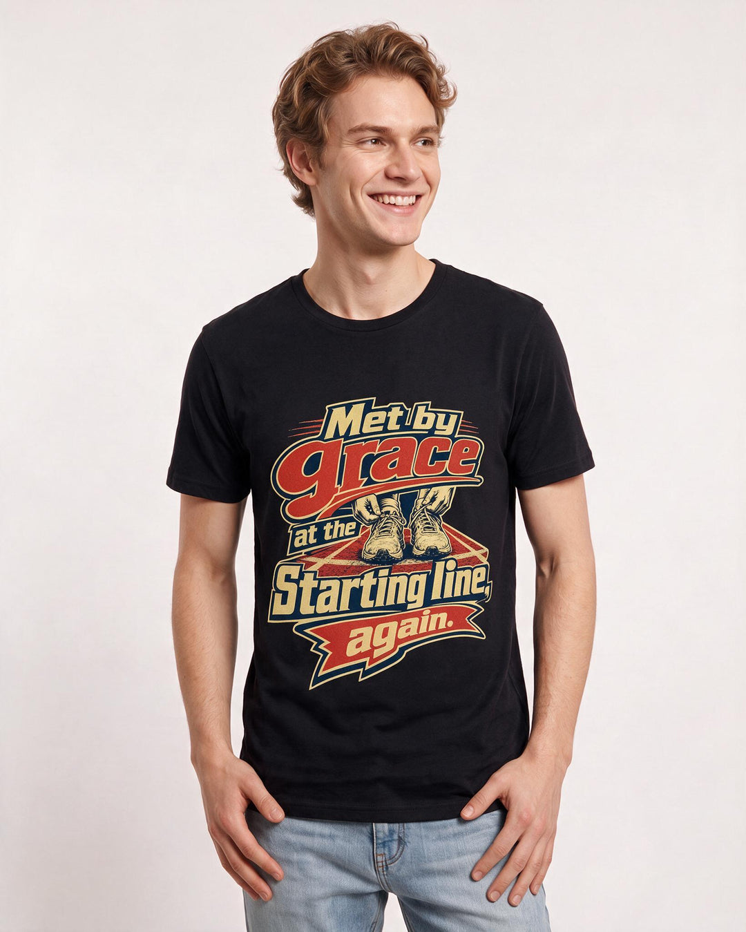 Christian Faith Men's Black T-Shirt – Met by grace at the starting line, product image 3
