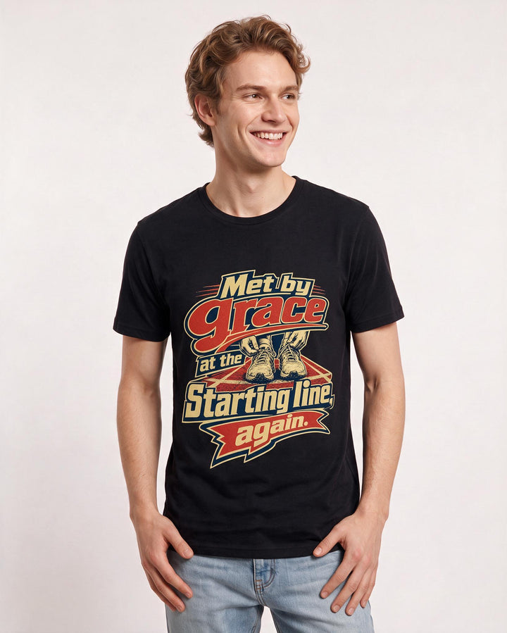 Christian Faith Men's Black T-Shirt – Met by grace at the starting line, product image 3