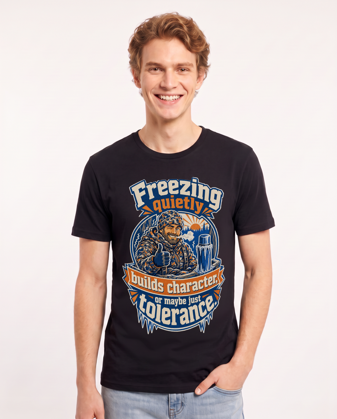 Hunting Men's Black T-Shirt – Freezing quietly builds character, or maybe just tolerance. product image 1