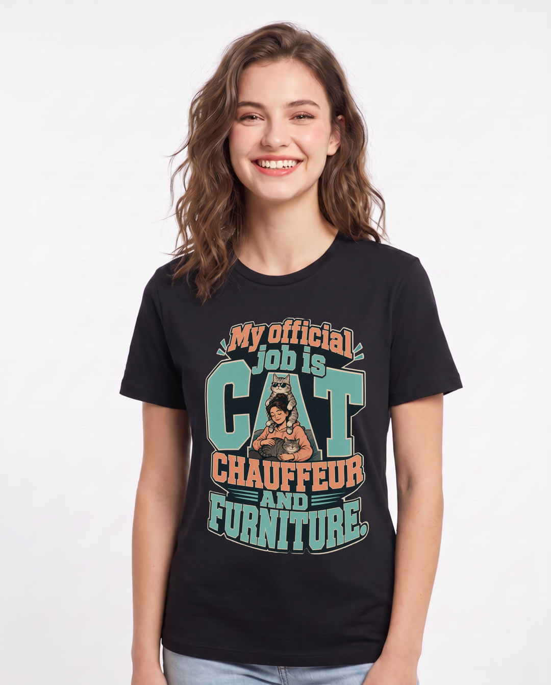 Cat Lover Women's Black T-Shirt – My official job is cat chauffeur and furniture product image 1
