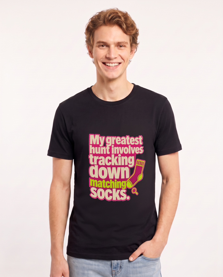 My greatest hunt involves tracking down matching socks. Men's Black T-Shirt product image 2