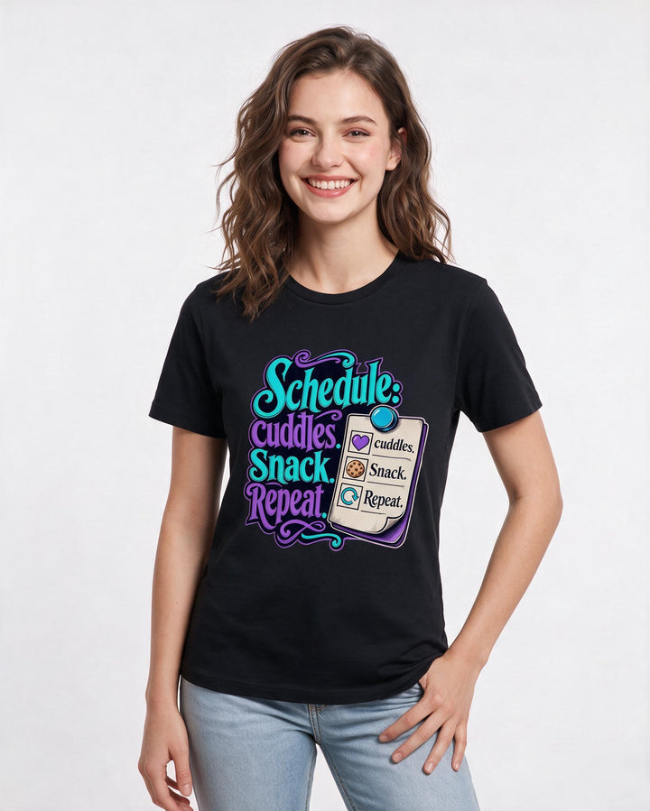 Mom Women's Black T-Shirt – Schedule: cuddles. Snack. Repeat. product image 3