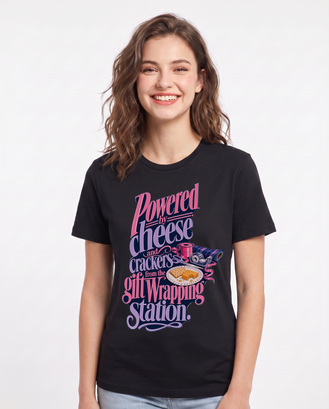 Christmas Women's Black T-Shirt – Powered by cheese and crackers from the gift wrapping station. product image 1