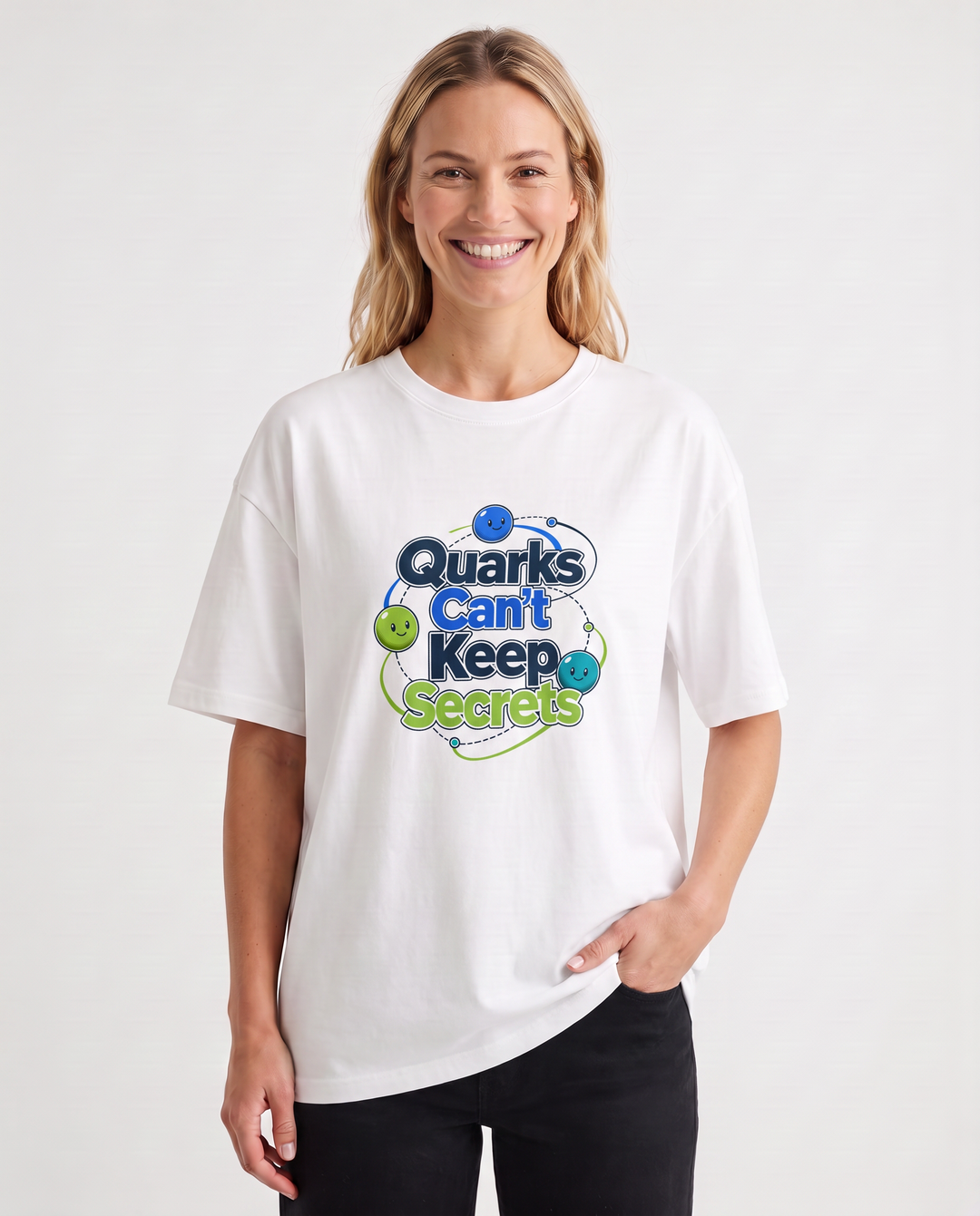 Quarks Can't Keep Secrets White T-Shirt mockup 3