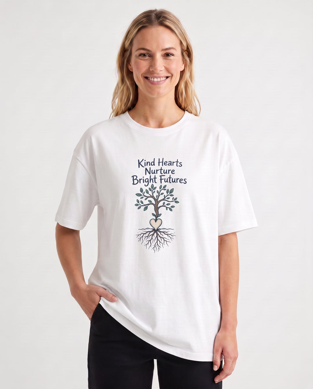 Kind Hearts Nurture Bright Futures White T-Shirt mockup 1