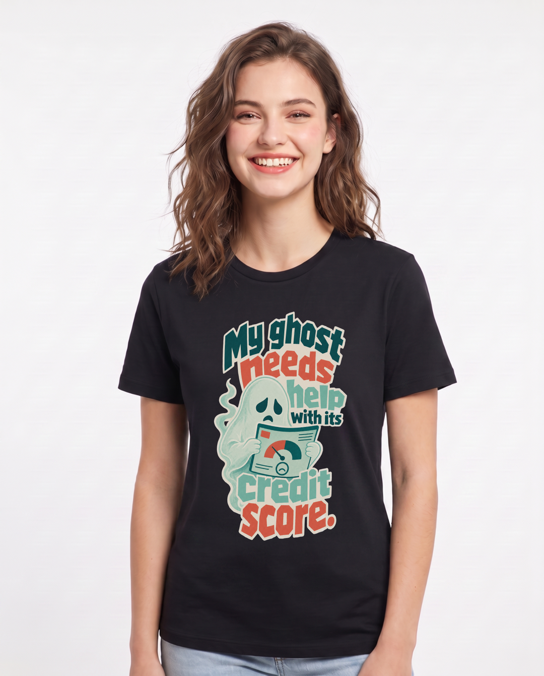 Halloween Women's Black T-Shirt – My ghost needs help with its credit score. product image 1