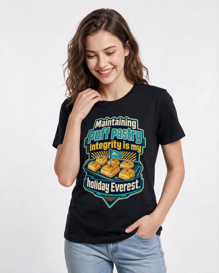 Funny Christmas Women's Black T-Shirt – Maintaining puff pastry integrity is my holiday Everest. product image 3