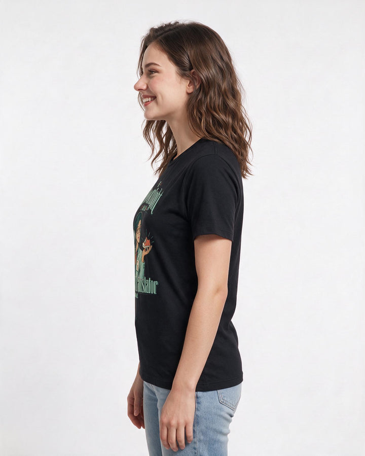 Funny Teacher Women's Black T-Shirt – I moonlight as a question translator and lost-shoe detective. product image 2
