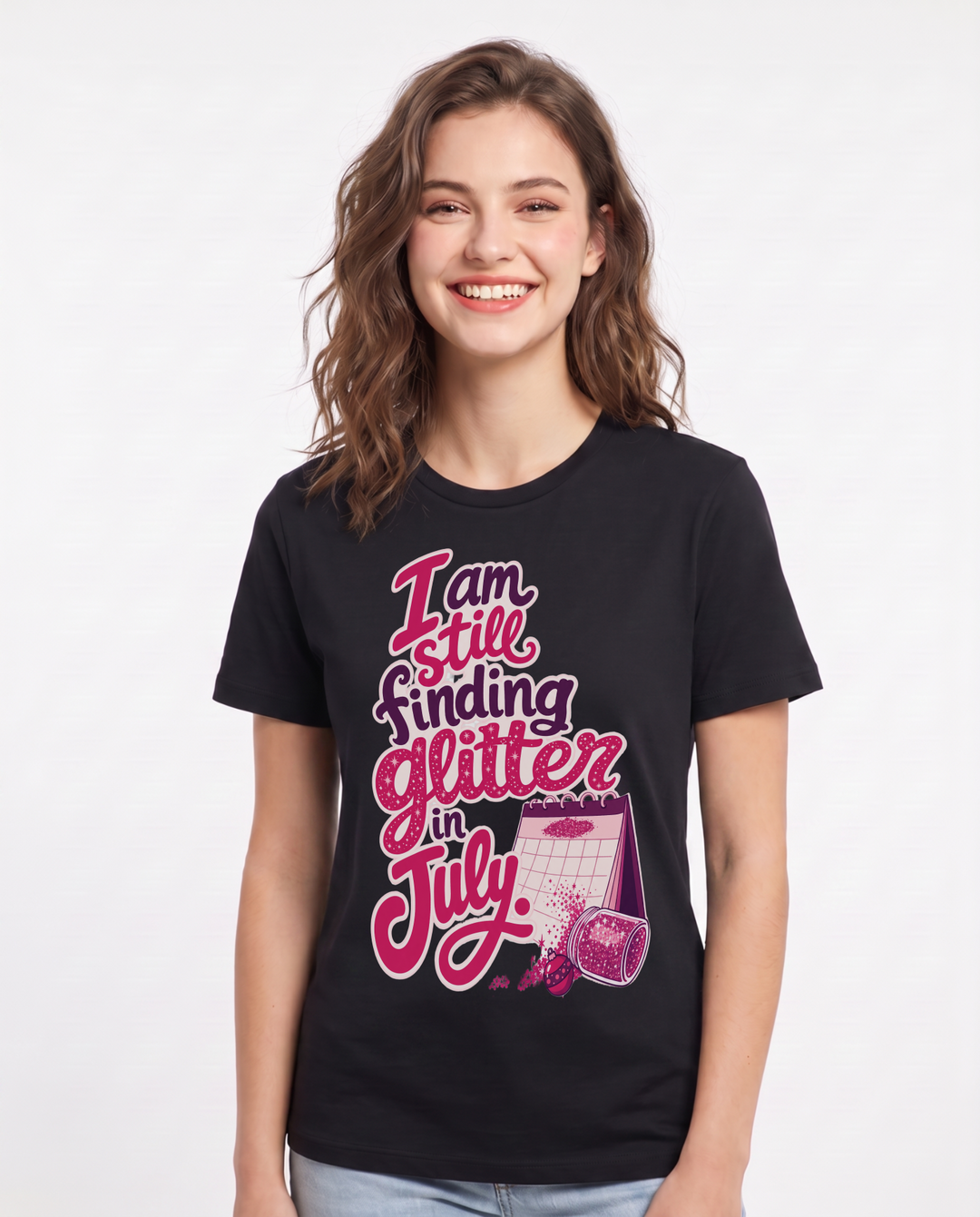 Christmas Women's Black T-Shirt – I am still finding glitter in July. product image 1