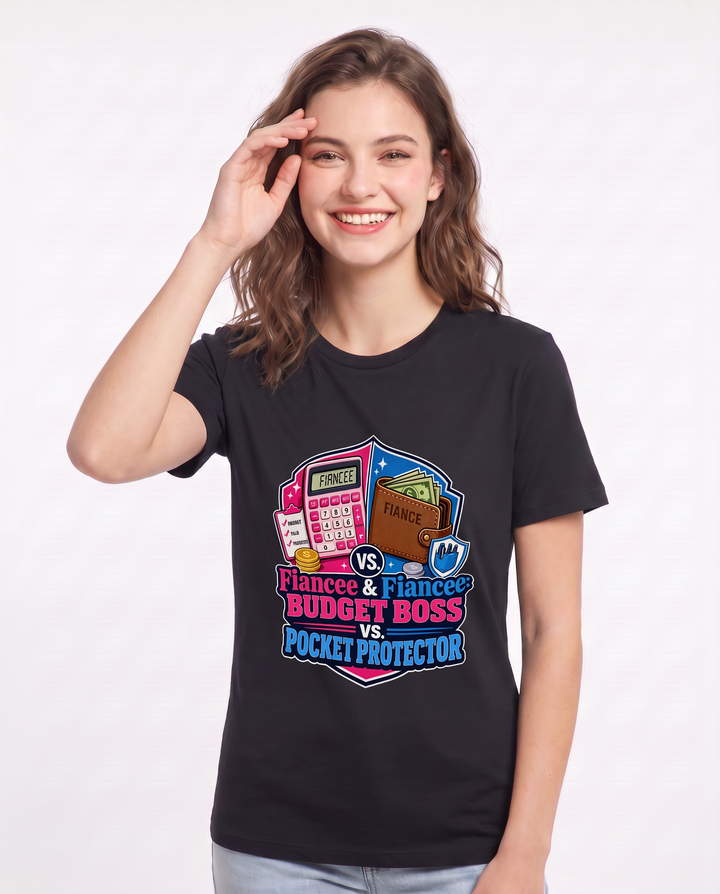 Fiancee & Fiance: Budget Boss vs. Pocket Protector Women's Black T-Shirt product image 1