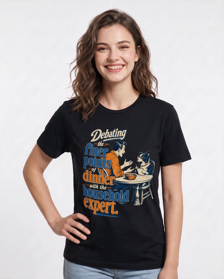 Funny Cat Lover Women's Black T-Shirt – Debating the finer points of dinner product image 3