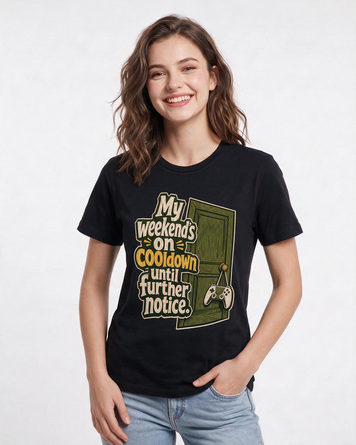 Gaming Women's Black T-Shirt – My weekend's on cooldown until further notice. product image 3