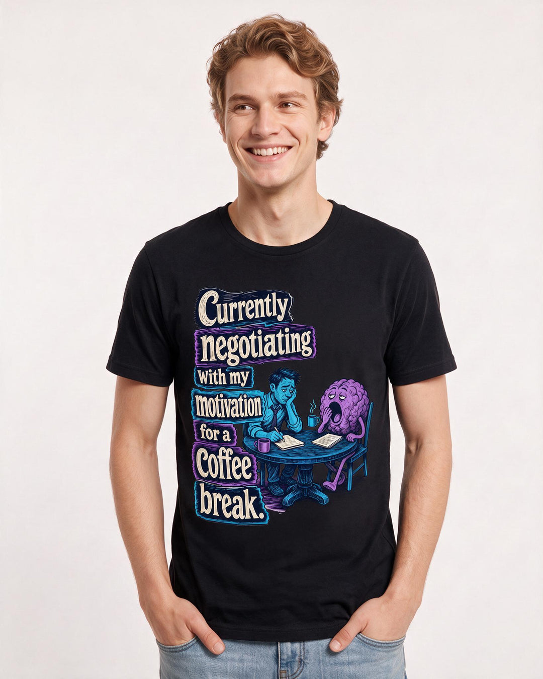 Funny Meme Men's Black T-Shirt – Currently negotiating with my motivation for a coffee break. product image 3