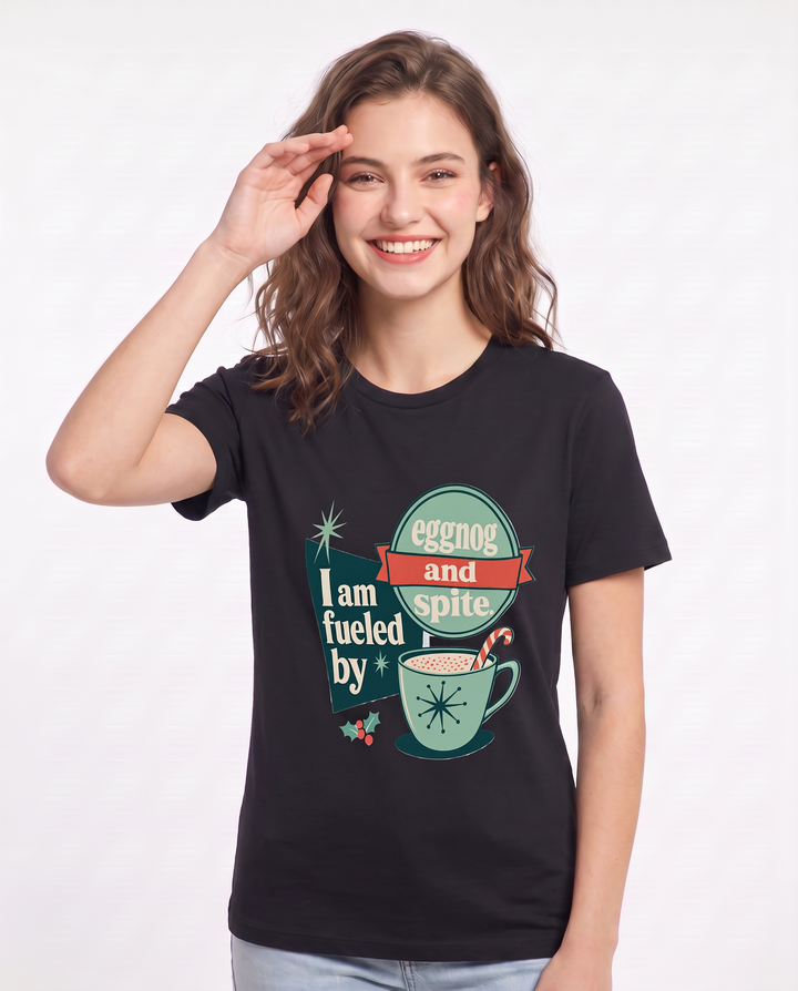 Christmas Women's Black T-Shirt - I am fueled by eggnog and spite. product image 3
