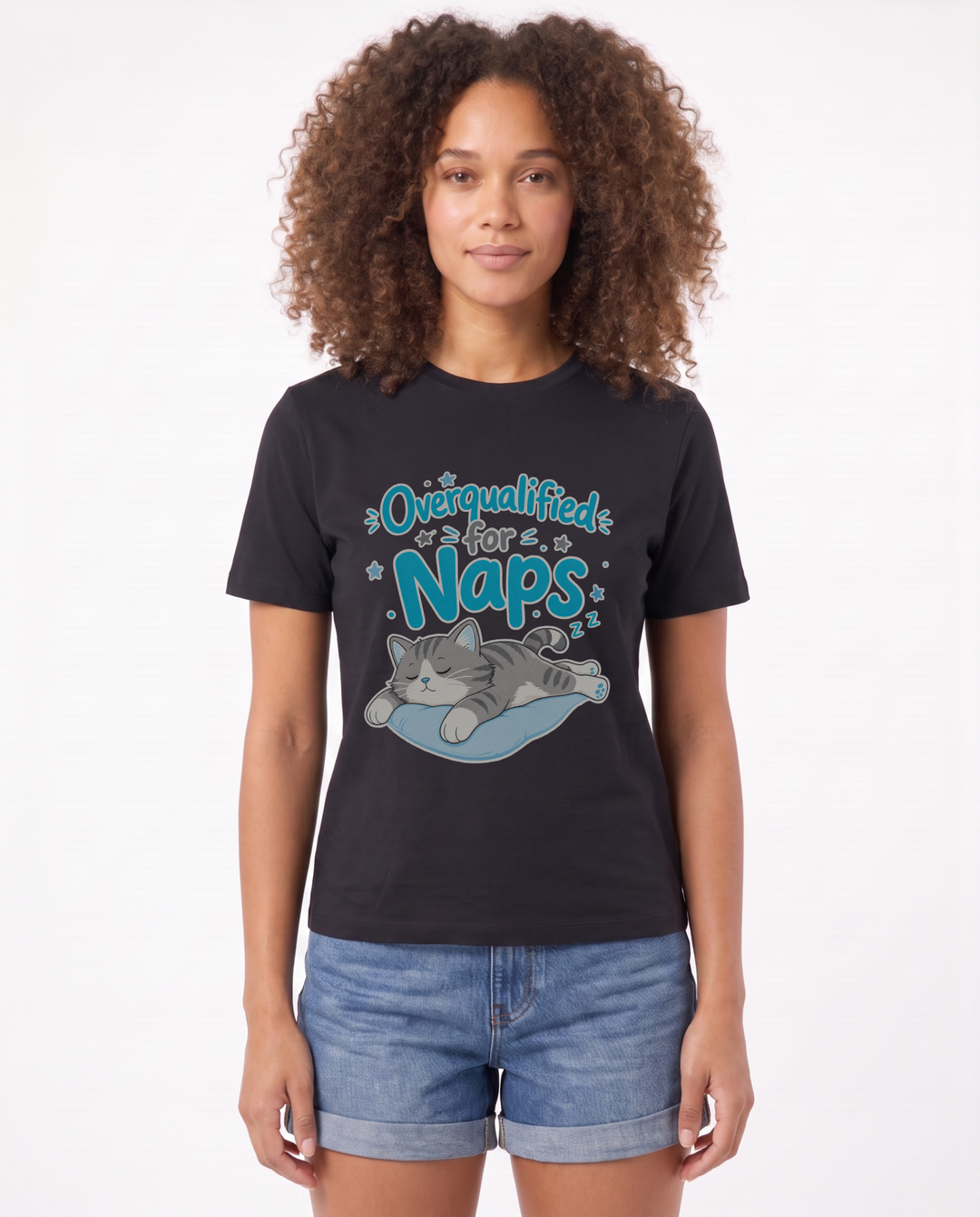Overqualified For Naps Black T-Shirt mockup 1