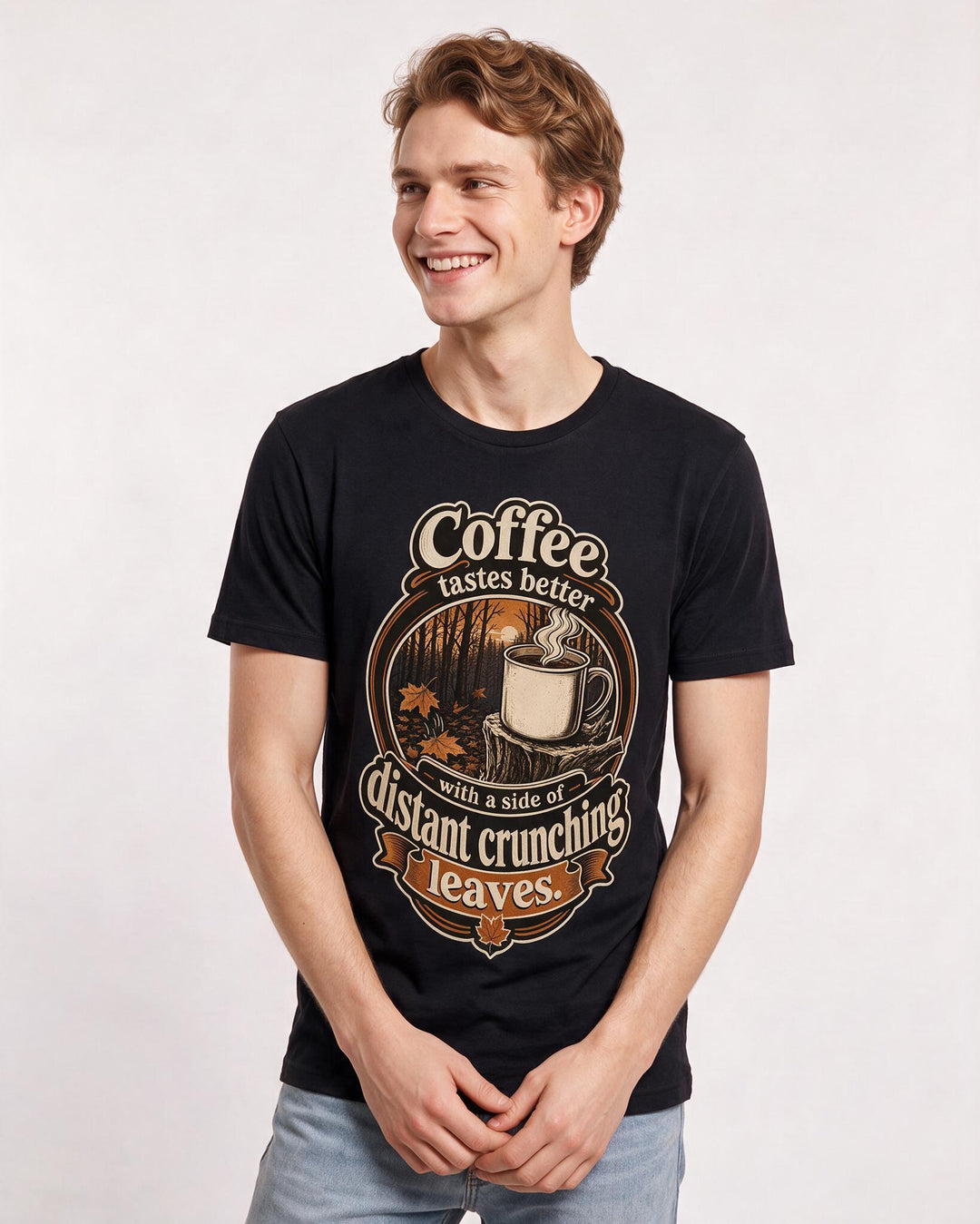 Hunting Men's Black T-Shirt – Coffee tastes better with a side of distant crunching leaves. product image 3