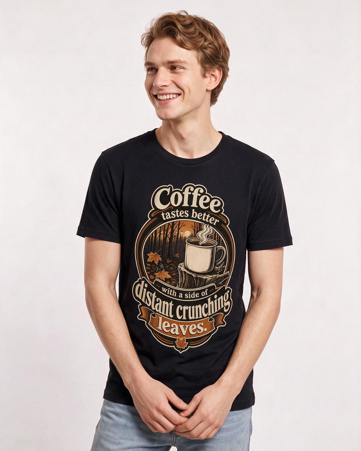 Hunting Men's Black T-Shirt – Coffee tastes better with a side of distant crunching leaves. product image 3