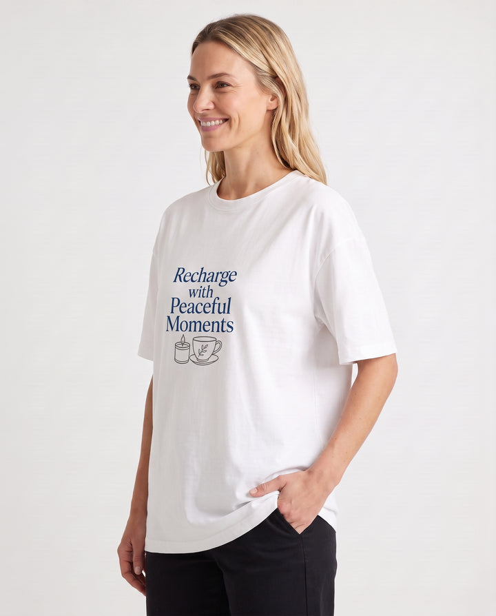 Recharge With Peaceful Moments White T-Shirt mockup 2