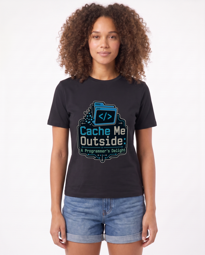 Cache Me Outside: A Programmer's Delight Black T-Shirt mockup 1