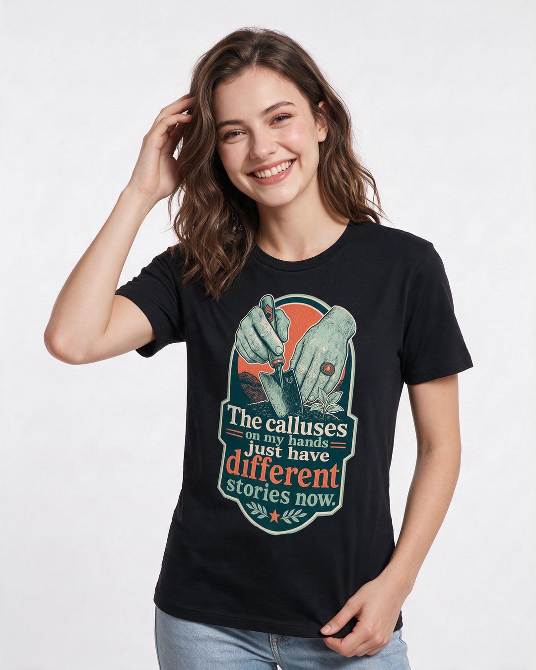 Veteran Women's Black T-Shirt – The calluses on my hands just have different stories now. product image 3