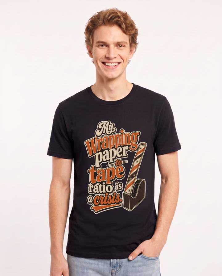 Christmas Men's Black T-Shirt – My wrapping paper to tape ratio is a crisis. product image 1