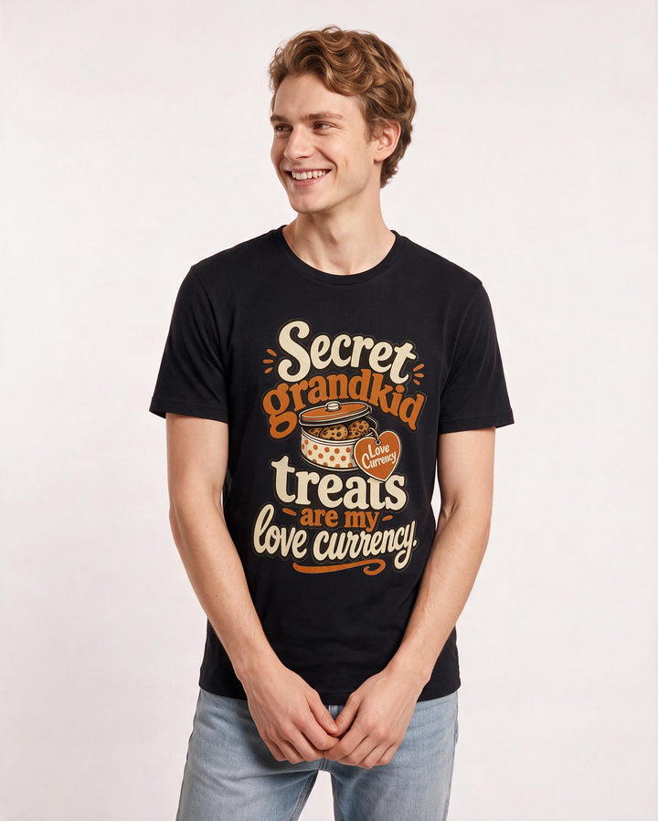 Grandparent Men's Black T-Shirt – Secret grandkid treats are my love currency. product image 3