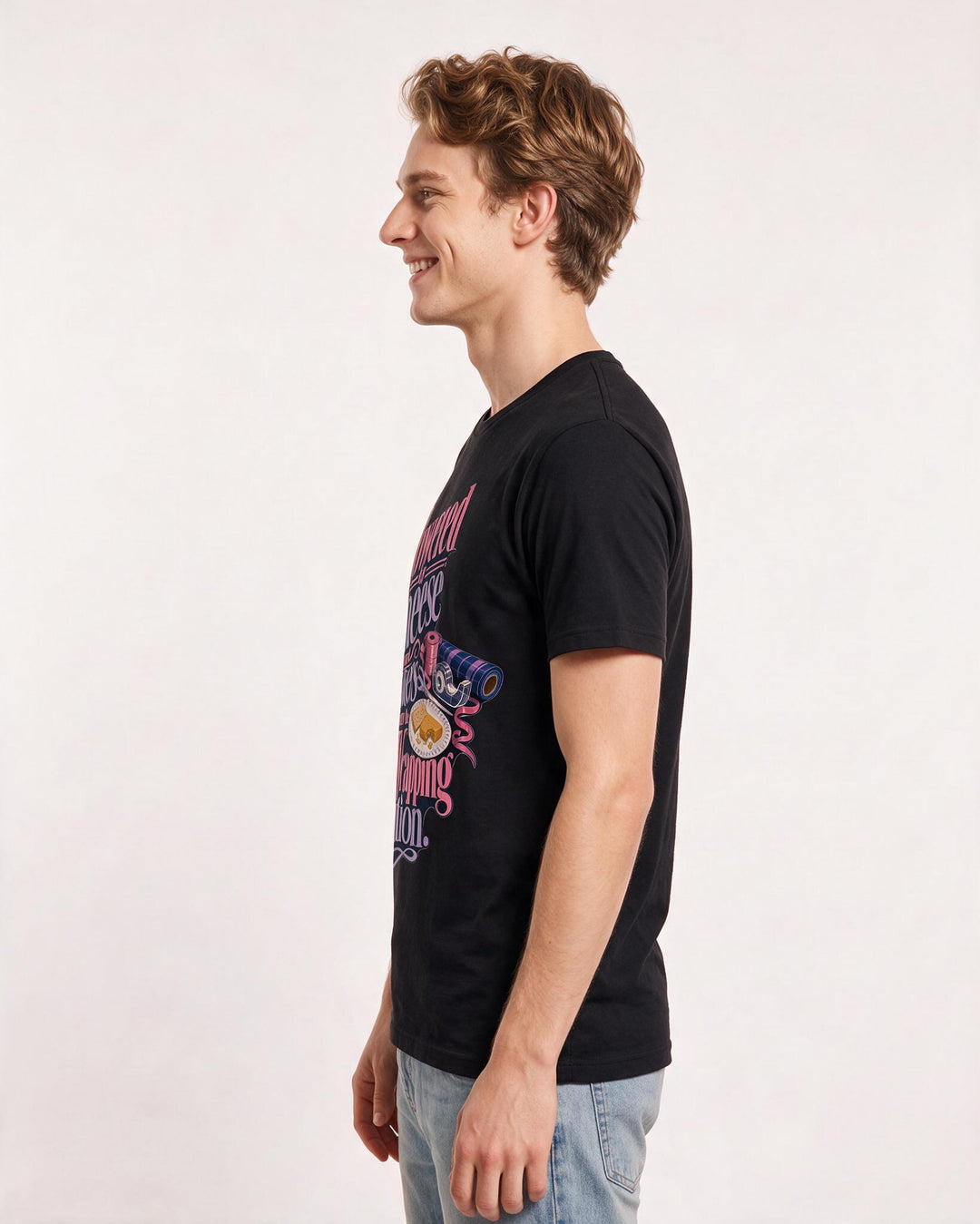 Funny Christmas Men's Black T-Shirt – Powered by cheese and crackers from the gift wrapping station. product image 2