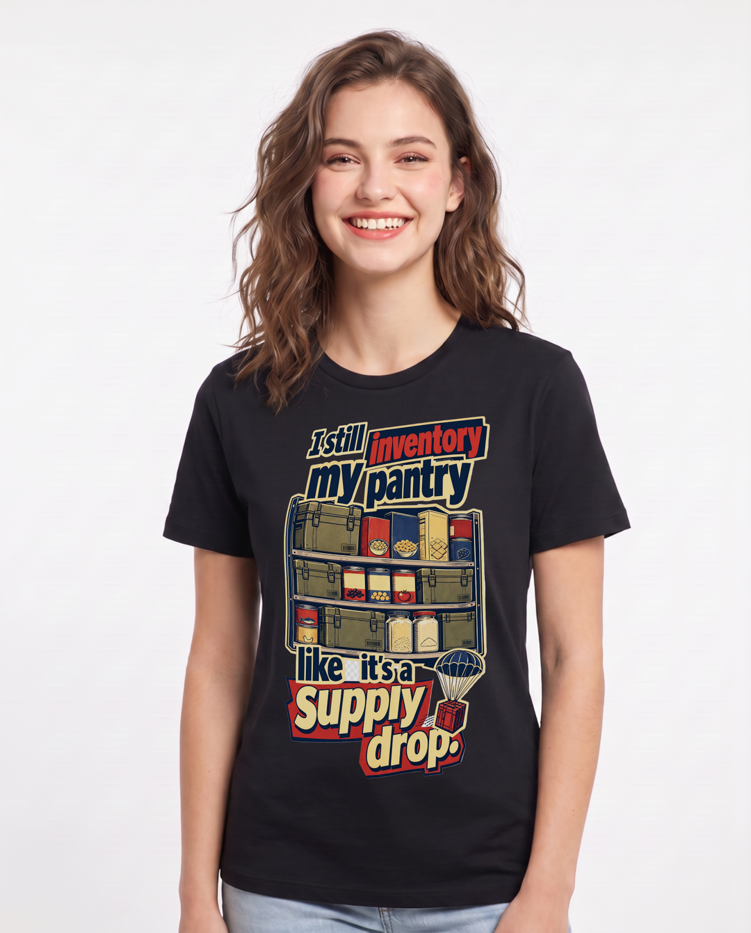 Veteran Women's Black T-Shirt – I still inventory my pantry like it's product image 1