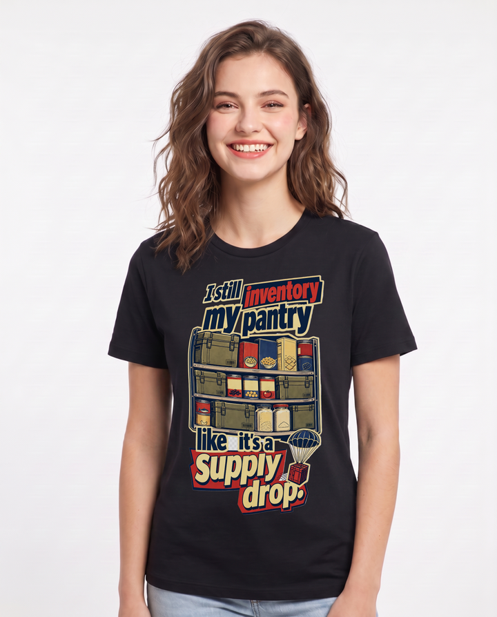 Veteran Women's Black T-Shirt – I still inventory my pantry like it's product image 1