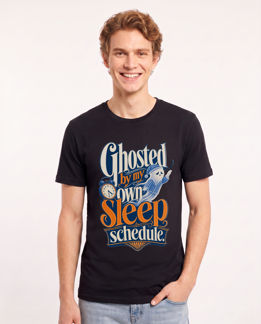 Funny Halloween Men's Black T-Shirt – Ghosted by my own sleep schedule. product image 1