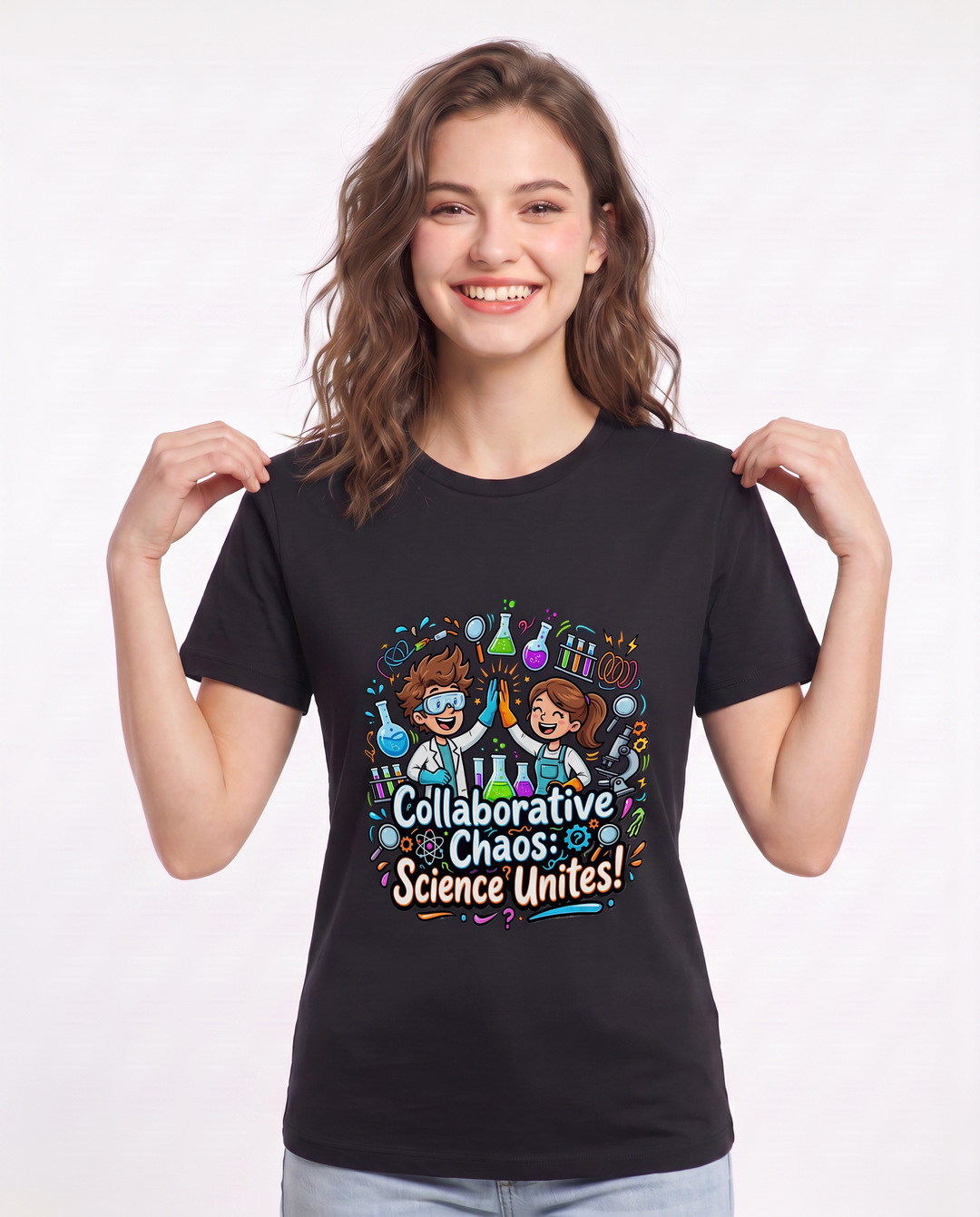 Collaborative Chaos: Science Unites! Women's Black T-Shirt product image 1