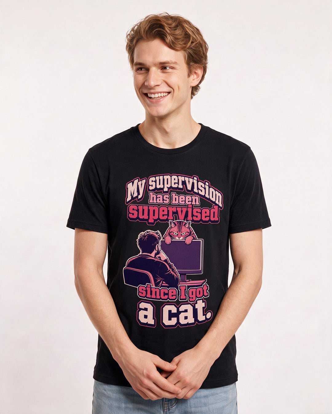 Cat Lover Men's Black T-Shirt – "My supervision has been supervised since I got a cat." product image 3