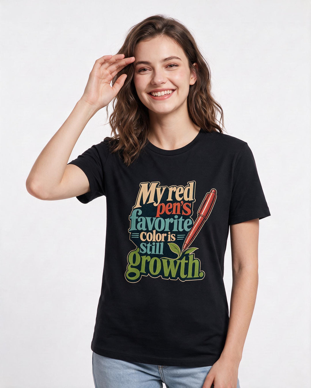 Teacher Women's Black T-Shirt – My red pen's favorite color is still growth. product image 3