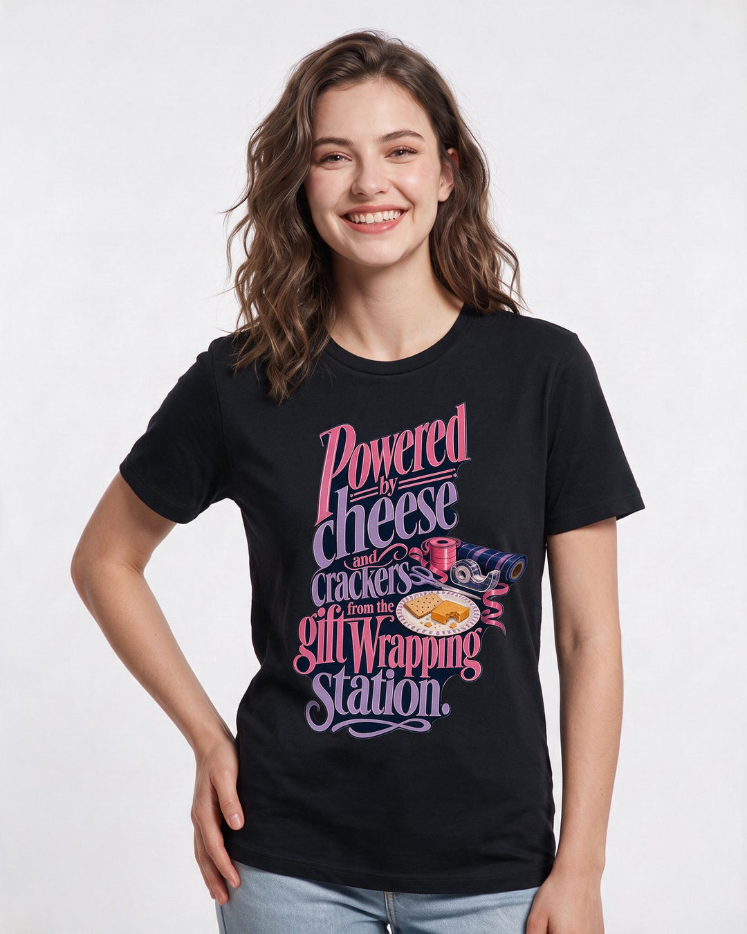 Christmas Women's Black T-Shirt – Powered by cheese and crackers from the gift wrapping station. product image 3