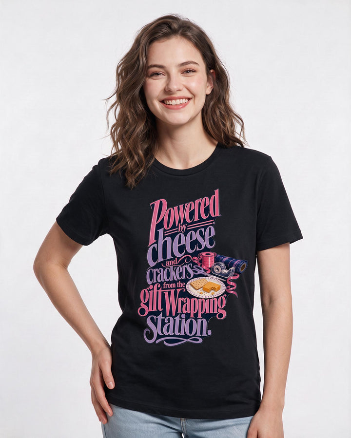 Christmas Women's Black T-Shirt – Powered by cheese and crackers from the gift wrapping station. product image 3