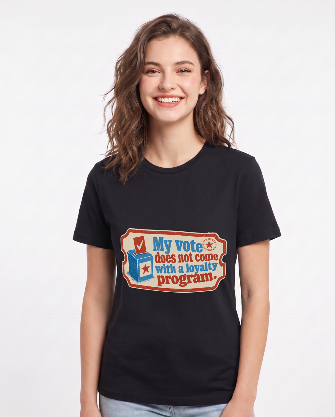 Graphic Women's Black T-Shirt - My vote does not come with a loyalty product image 1