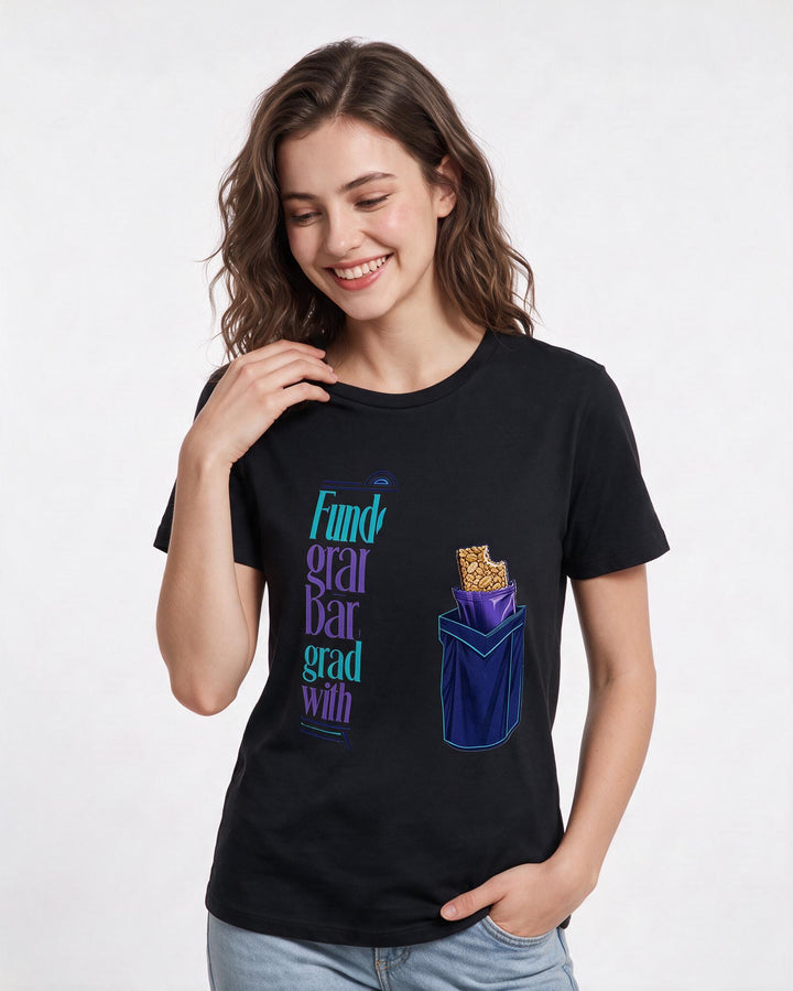 Graduation Women's Black T-Shirt – Funded by granola bars; graduated with product image 3