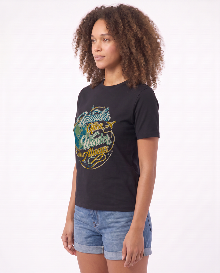 Wander Often, Wonder Always Black T-Shirt mockup 2