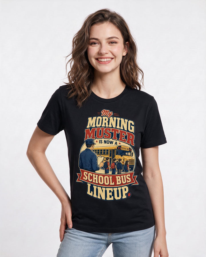 Veteran Women's Black T-Shirt – My morning muster is now a school bus lineup. product image 3