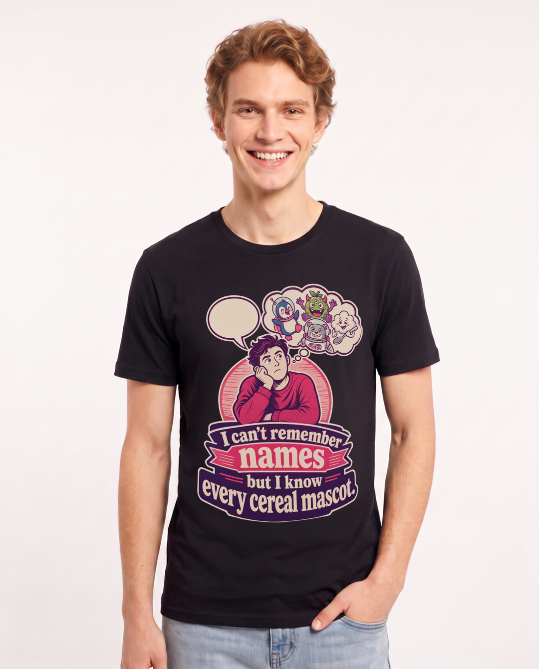 Funny Meme Men's Black T-Shirt – I can't remember names but I know every cereal mascot. product image 1