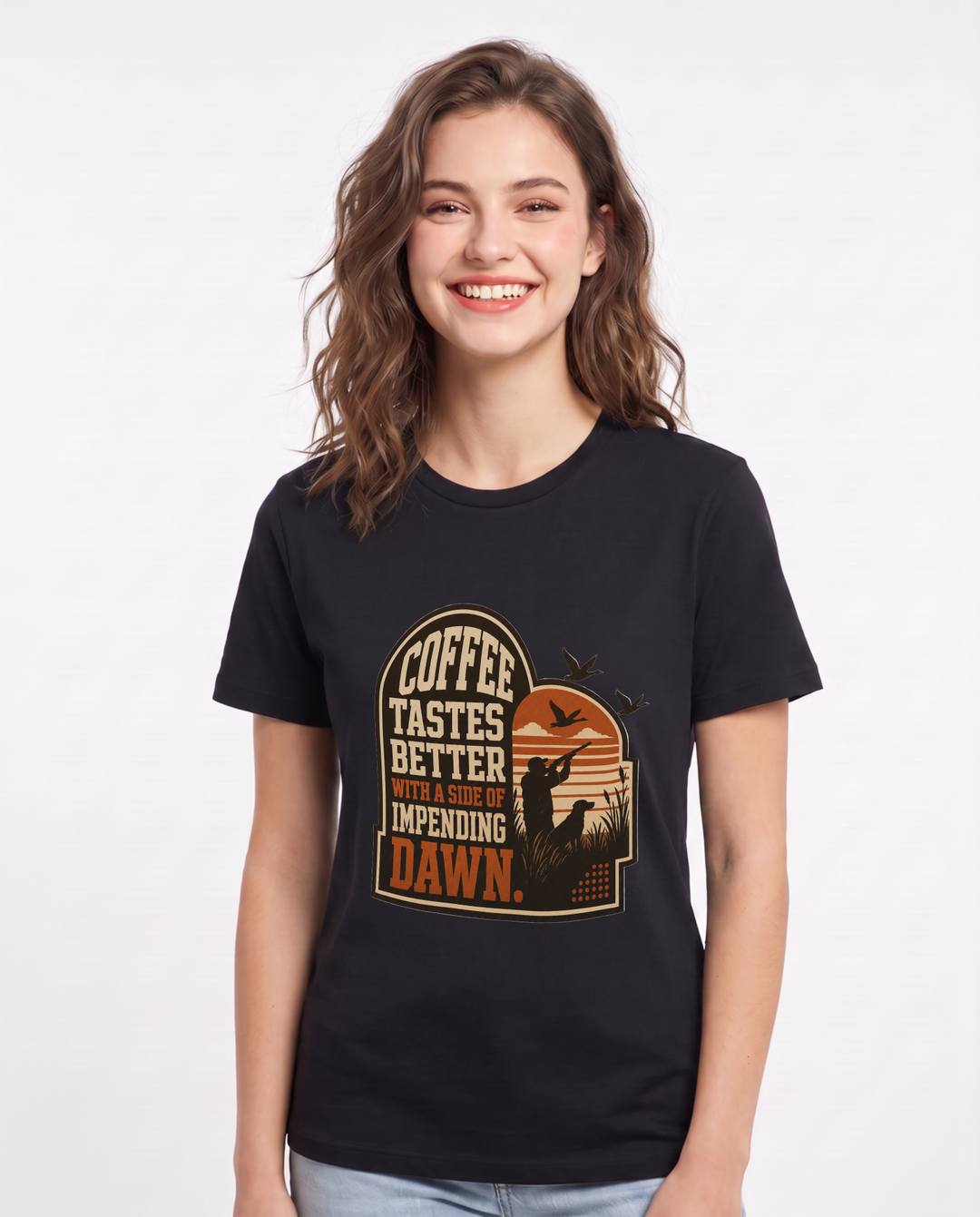 Hunting Women's Black T-Shirt - Coffee tastes better with a side of product image 1