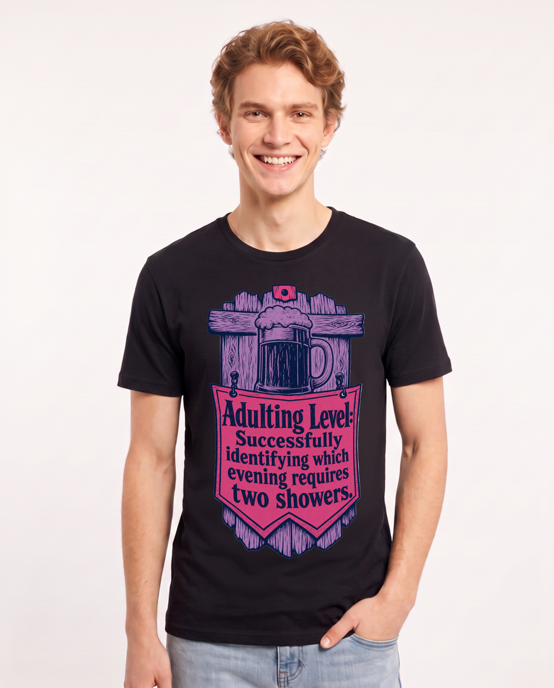 Funny Beer Men's Black T-Shirt - Adulting Level: Successfully product image 1